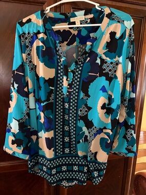 Dana Buchman Teal Navy Cream Floral-Print V-Neck Tunic